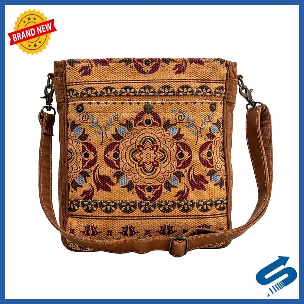 Leather Canvas Shoulder Bag Crossbody Upcycled 11x13x3.5